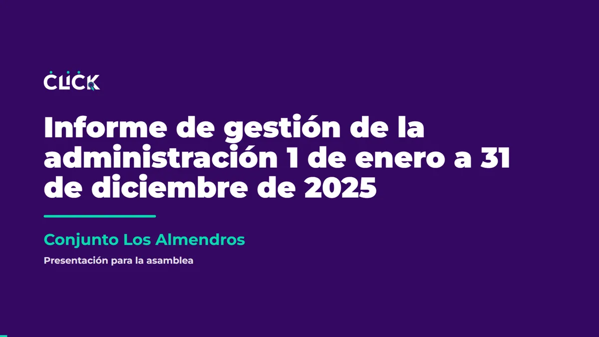 Portada del video del informe de gestión de un conjunto residencial de ejemplo, con el título del informe y la leyenda Presentación para la asamblea